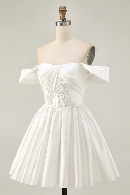 Lovely White Ruched Off The Shoulder Short Homecoming Dress White A-line Party Dress