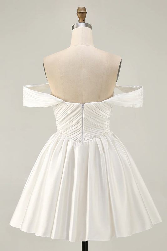 Lovely White Ruched Off The Shoulder Short Homecoming Dress White A-line Party Dress
