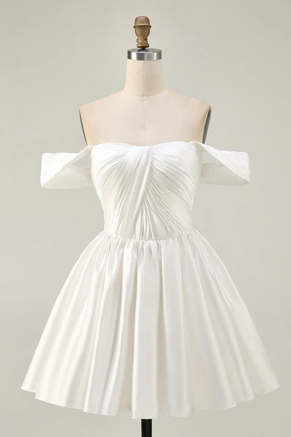 Lovely White Ruched Off The Shoulder Short Homecoming Dress White A-line Party Dress