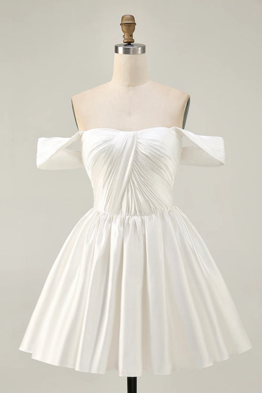 Lovely White Ruched Off The Shoulder Short Homecoming Dress White A-line Party Dress