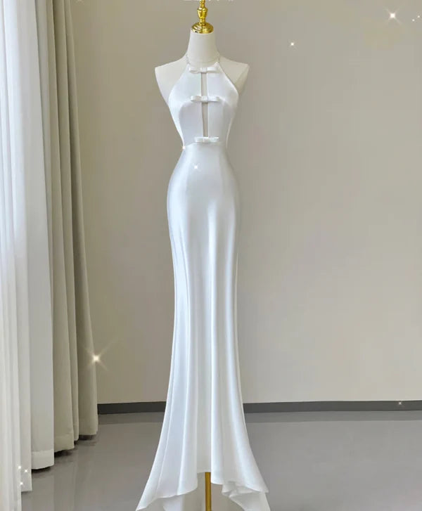 Lovely White Satin Halter Sleeveless Mermaid Long Prom Dresses Simple Evening Dresses With Bow