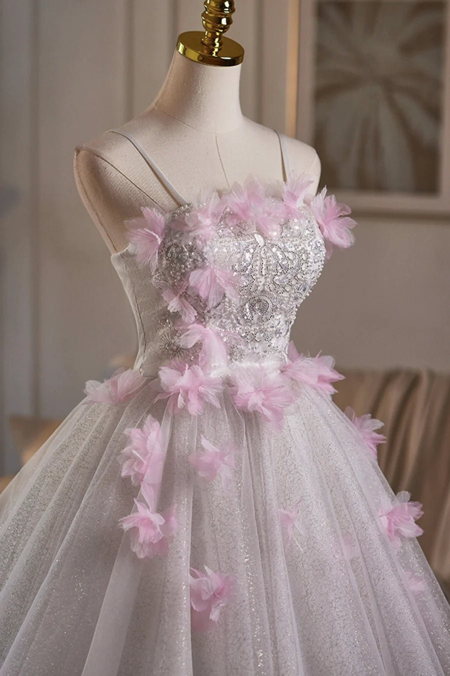 Lovely White Tulle And Pink Flowers Beaded Short Prom Dress A-Line Homecoming Party Dress