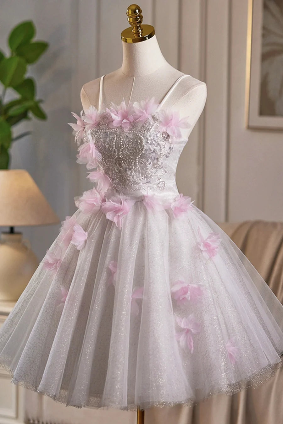 Lovely White Tulle And Pink Flowers Beaded Short Prom Dress A-Line Homecoming Party Dress