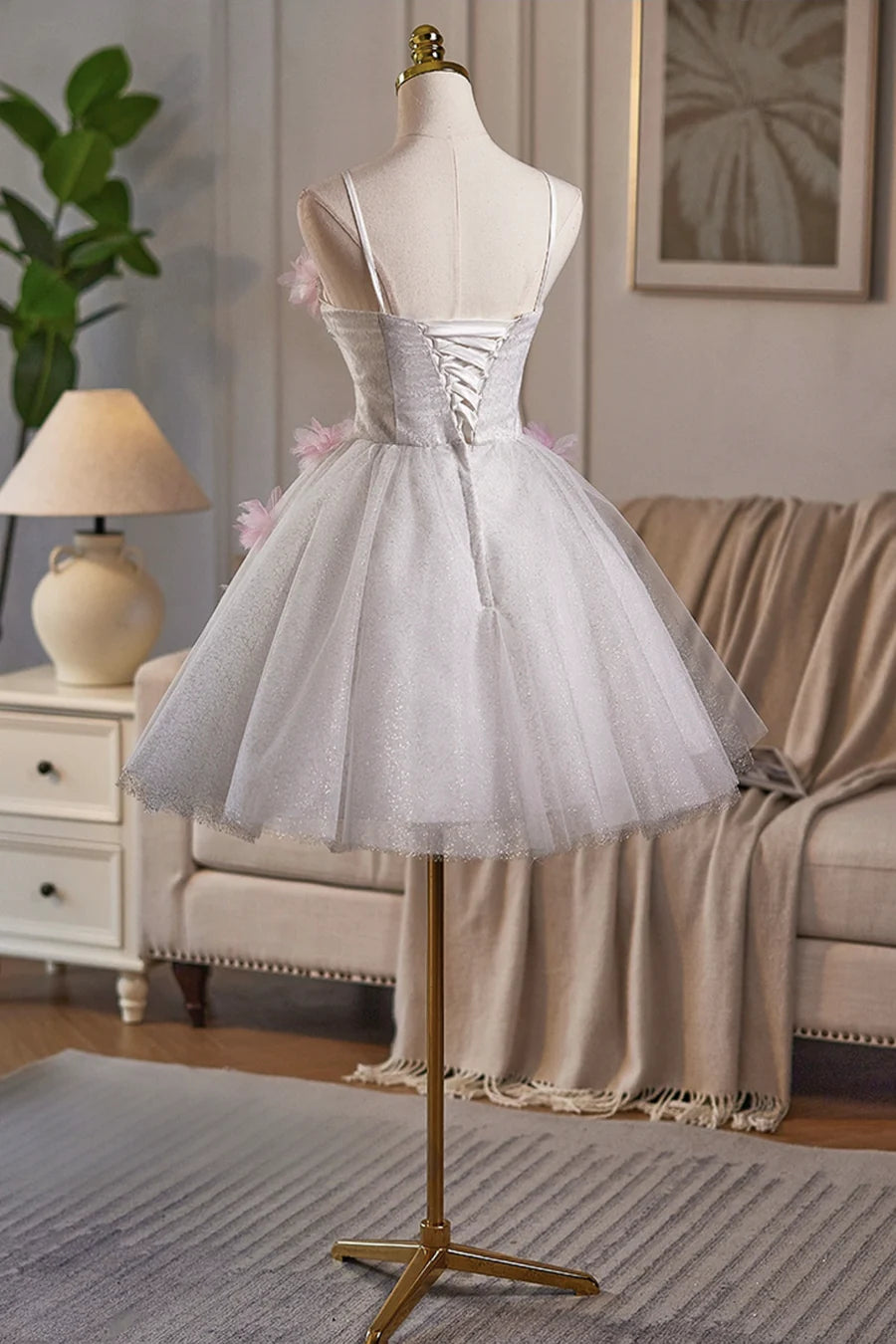 Lovely White Tulle And Pink Flowers Beaded Short Prom Dress A-Line Homecoming Party Dress