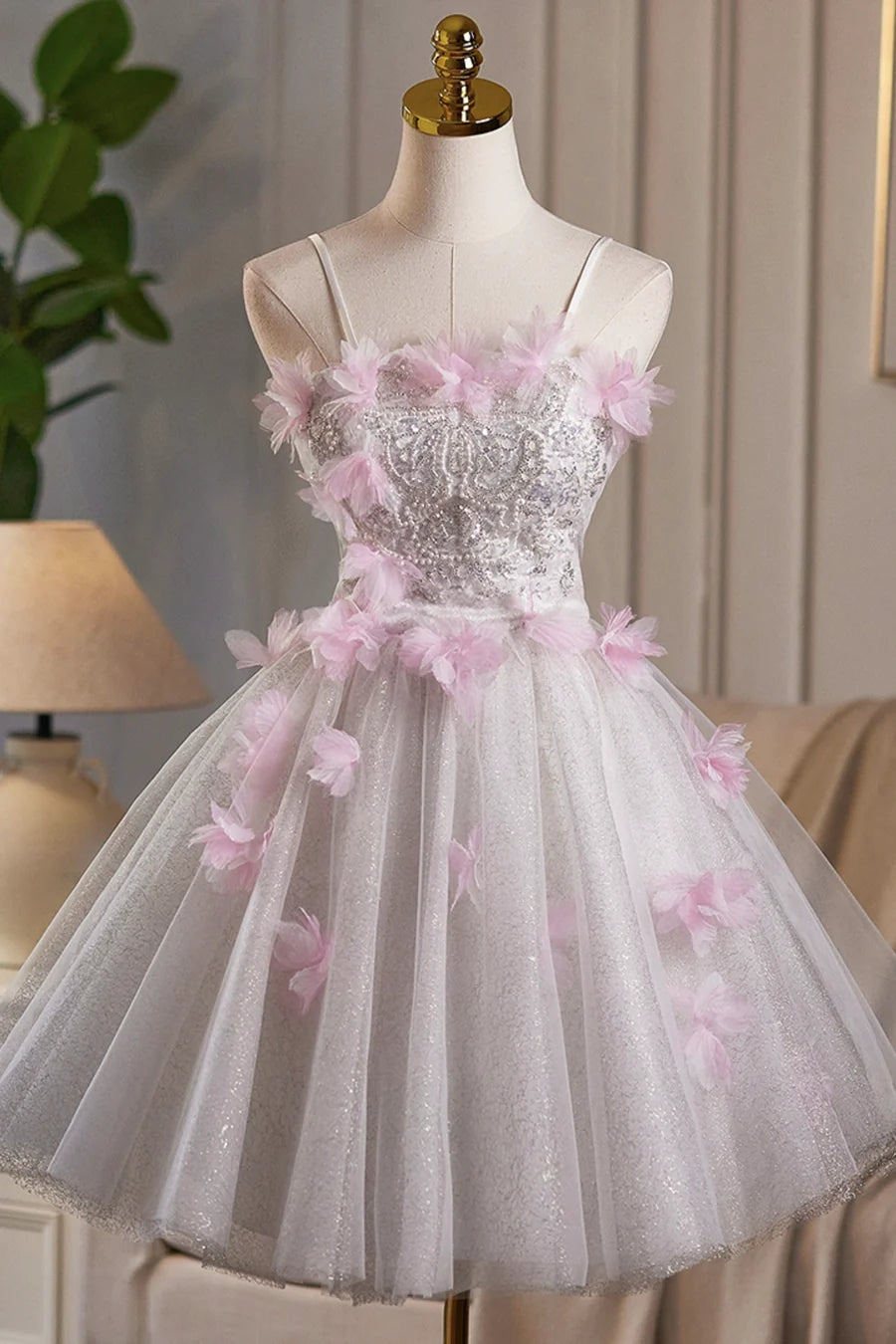 Lovely White Tulle And Pink Flowers Beaded Short Prom Dress A-Line Homecoming Party Dress
