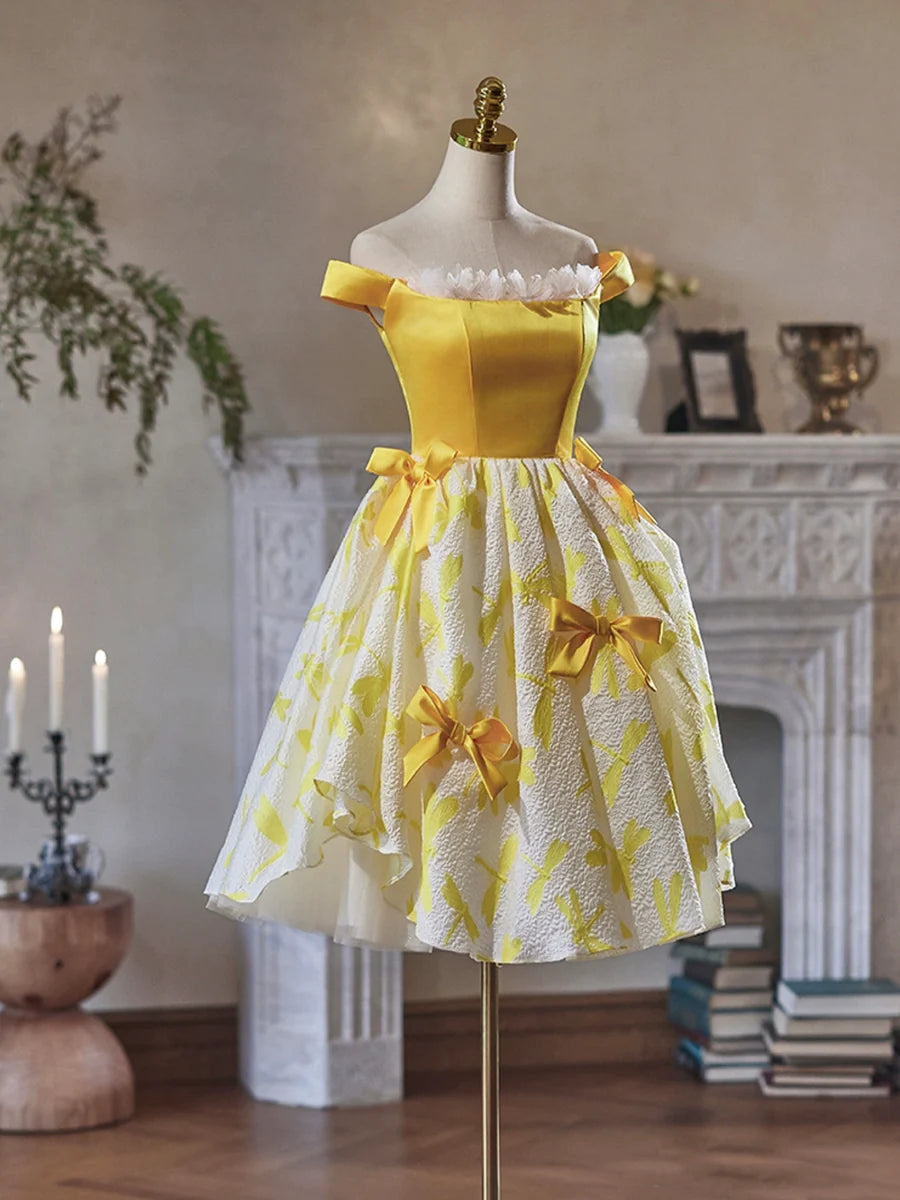 Lovely Yellow Tulle Satin With Bow Knee Length Homecoming Dress Off the Shoulder Evening Dress