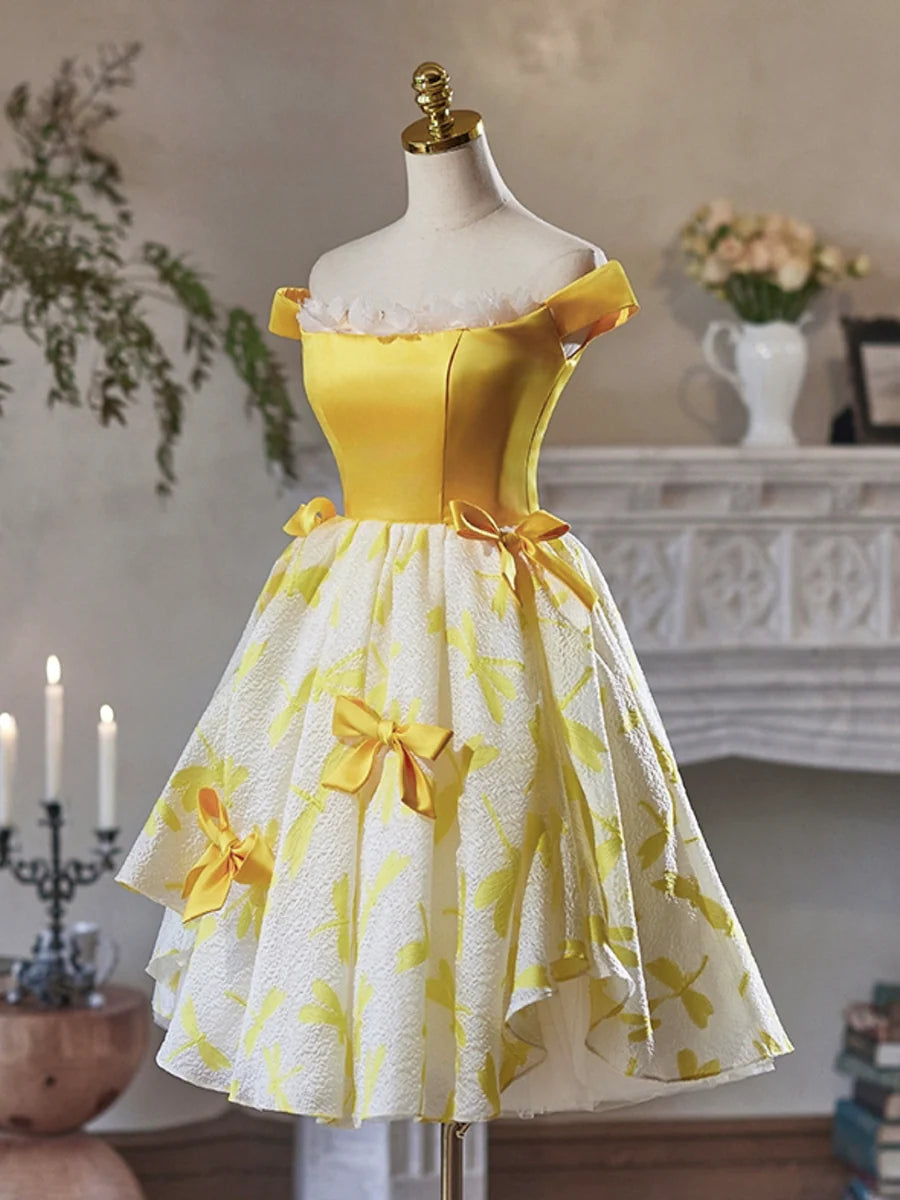 Lovely Yellow Tulle Satin With Bow Knee Length Homecoming Dress Off the Shoulder Evening Dress