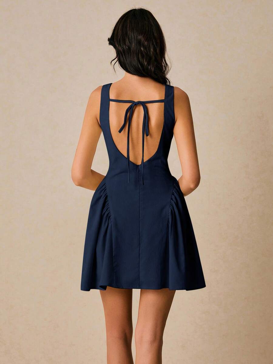 Lovely A-Line Boat Neck Button-Front Open-Back Navy Mini Homecoming Dresses