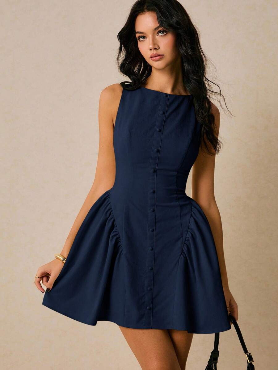 Lovely A-Line Boat Neck Button-Front Open-Back Navy Mini Homecoming Dresses
