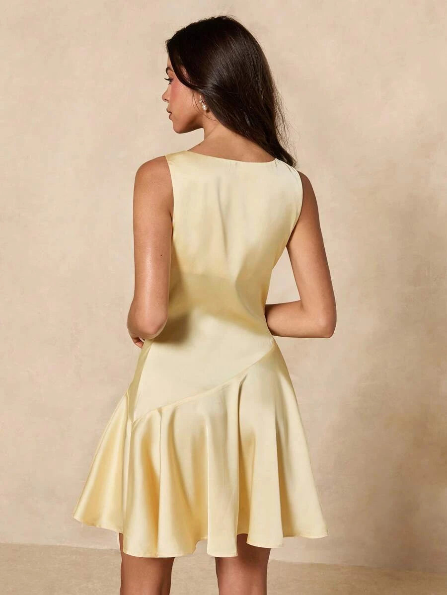 Lovely A-Line Cowl Neck Draped Asymmetrical Satin Pale Yellow Mini Homecoming Dresses
