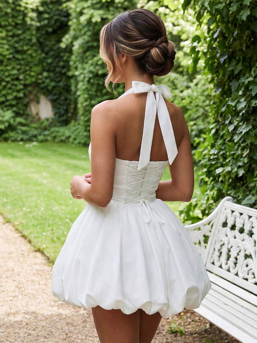 Lovely A-Line Halter Neck Bubble Hem Tie Up Backless White Short Homecoming Dresses
