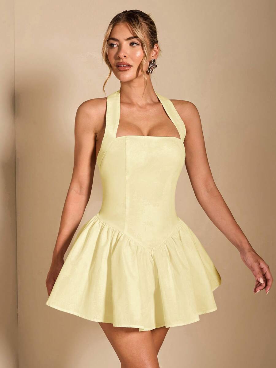 Lovely A-Line Halter Ruffled Open Back Light Yellow Short Summer Homecoming Dress