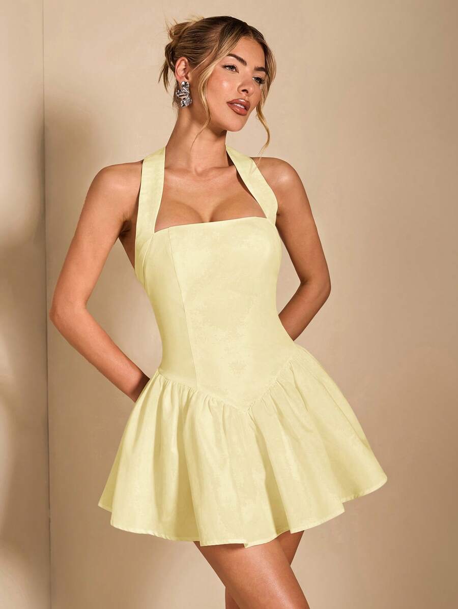 Lovely A-Line Halter Ruffled Open Back Light Yellow Short Summer Homecoming Dress