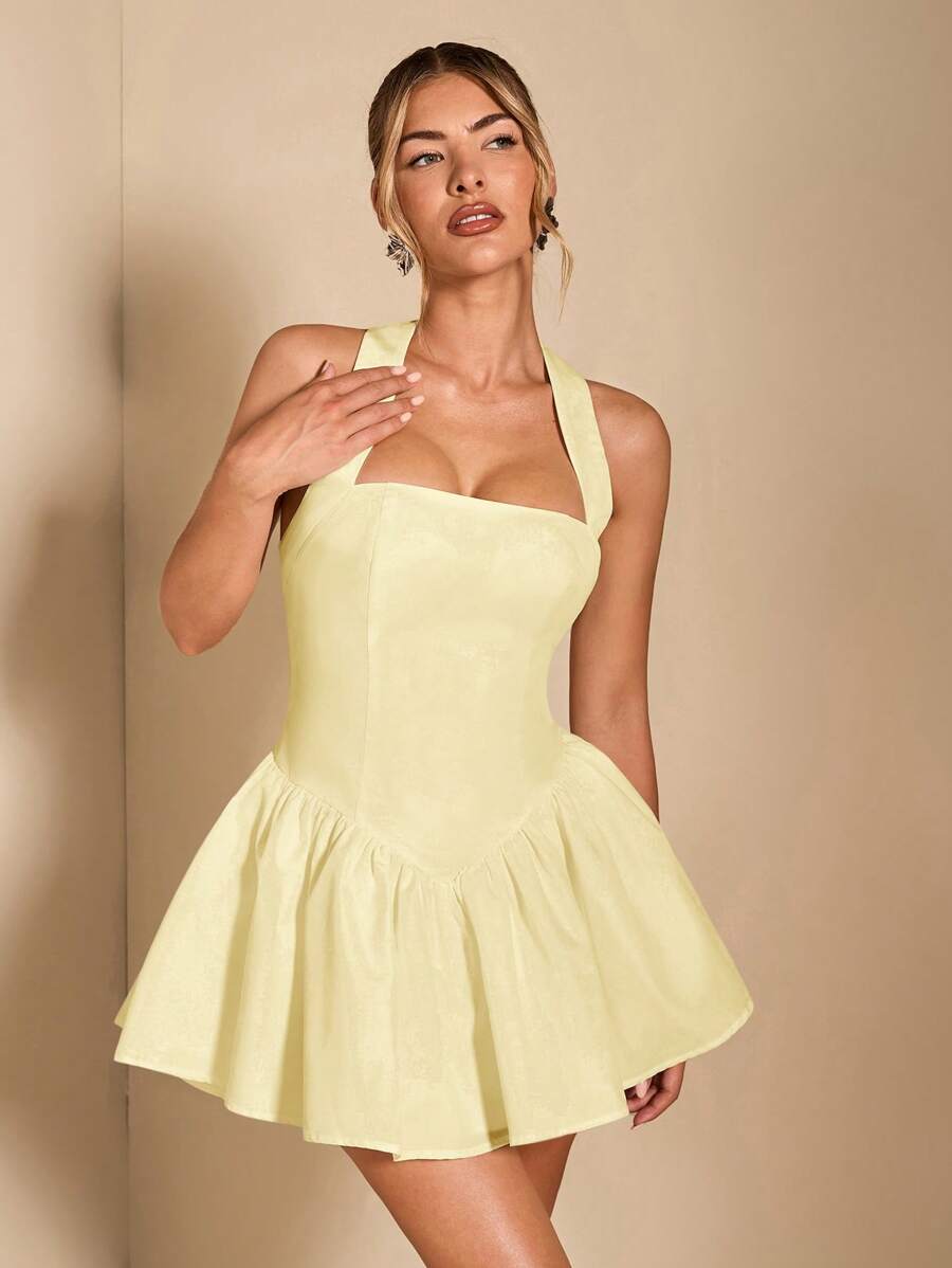 Lovely A-Line Halter Ruffled Open Back Light Yellow Short Summer Homecoming Dress