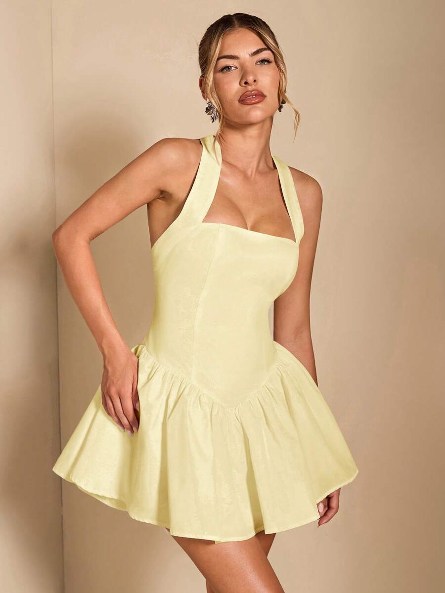 Lovely A-Line Halter Ruffled Open Back Light Yellow Short Summer Homecoming Dress