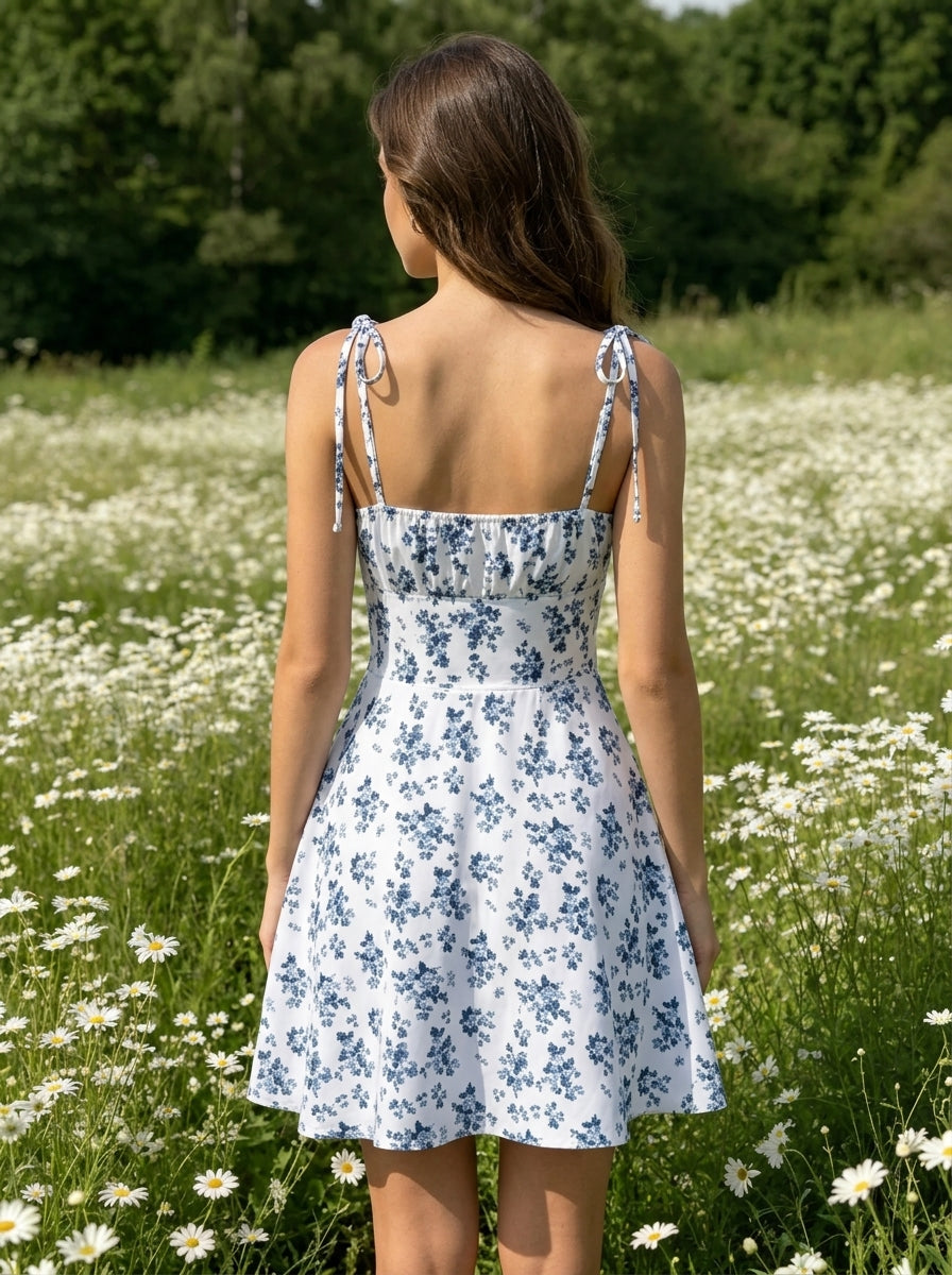 Lovely A-Line Spaghetti Strap Tie-Shoulder Floral Print Blue White Mini Homecoming Dresses