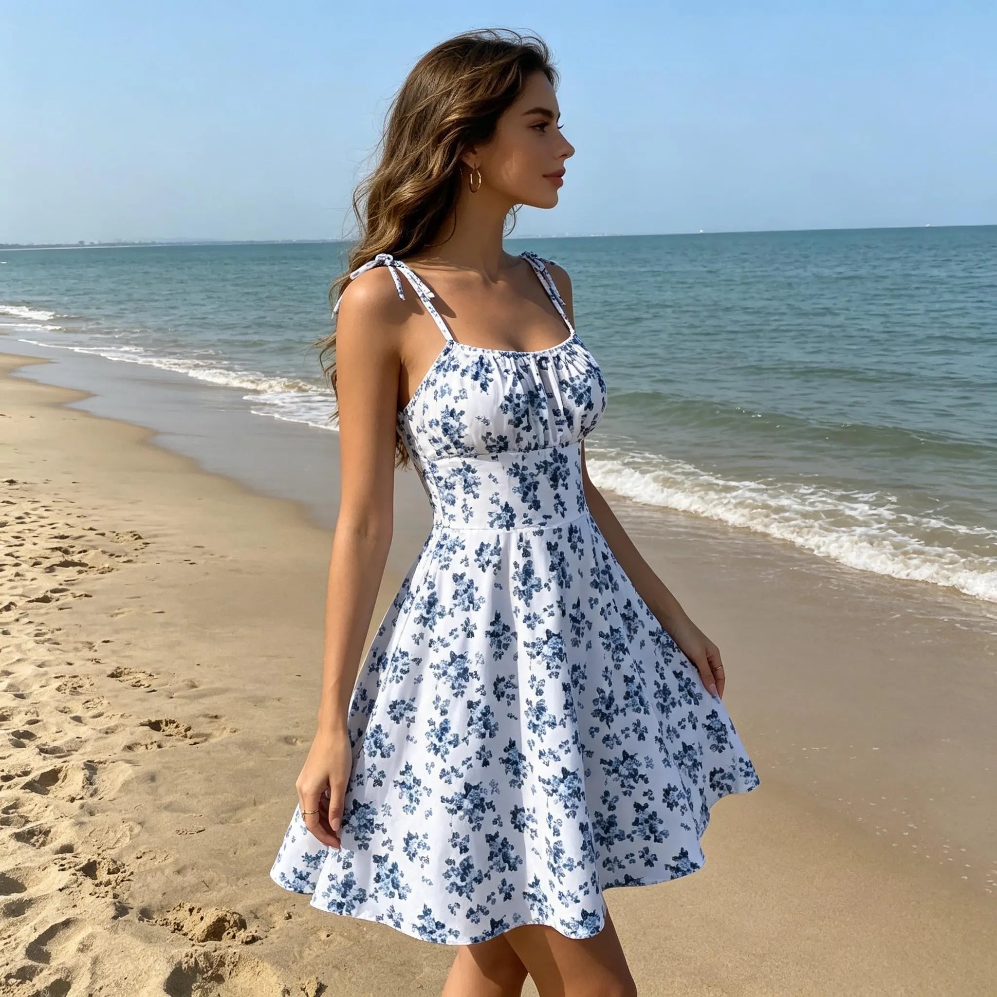 Lovely A-Line Spaghetti Strap Tie-Shoulder Floral Print Blue White Mini Homecoming Dresses