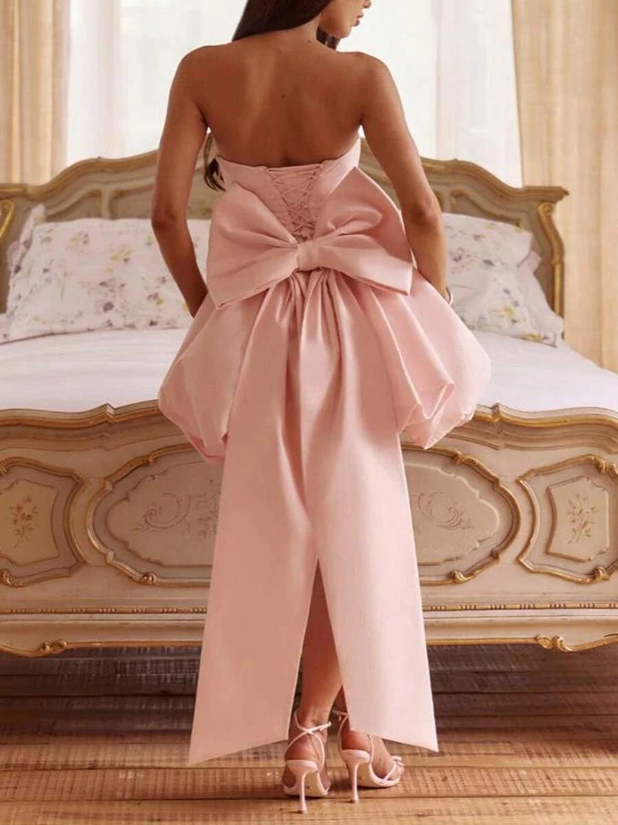 Lovely A-Line Strapless Bow-Back Pink Mini Homecoming Dress With Bubble Hem