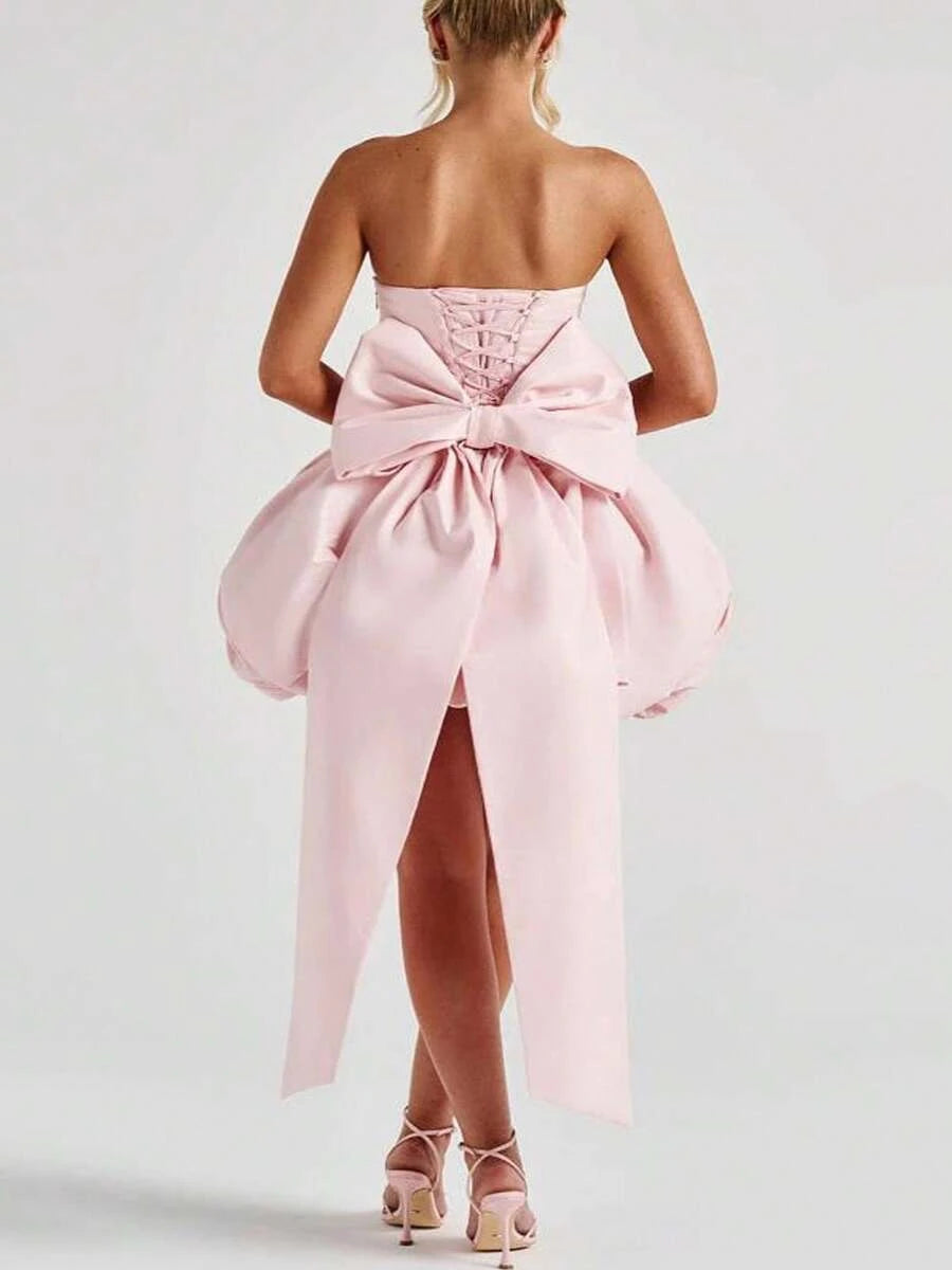 Lovely A-Line Strapless Bow-Back Pink Mini Homecoming Dress With Bubble Hem