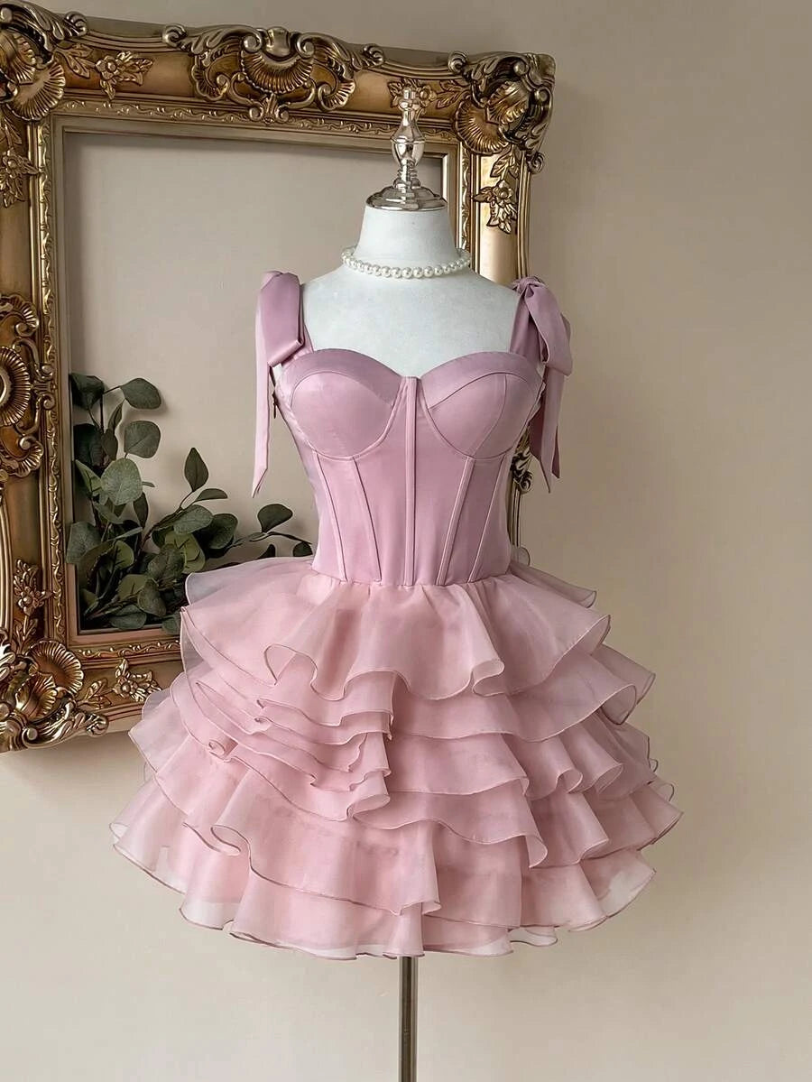 Lovely A-Line Sweetheart Corset Tiered Ruffled Satin Blush Pink Short Homecoming Dresses