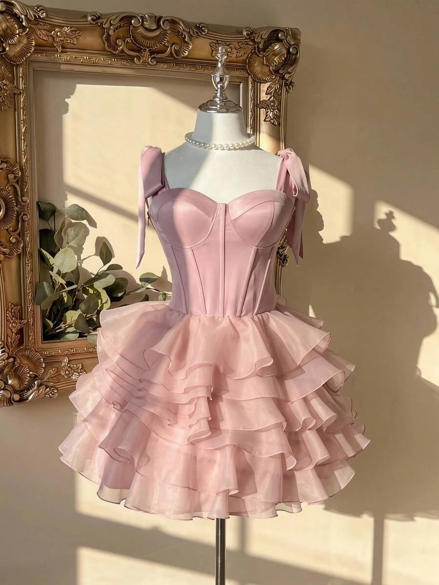 Lovely A-Line Sweetheart Corset Tiered Ruffled Satin Blush Pink Short Homecoming Dresses