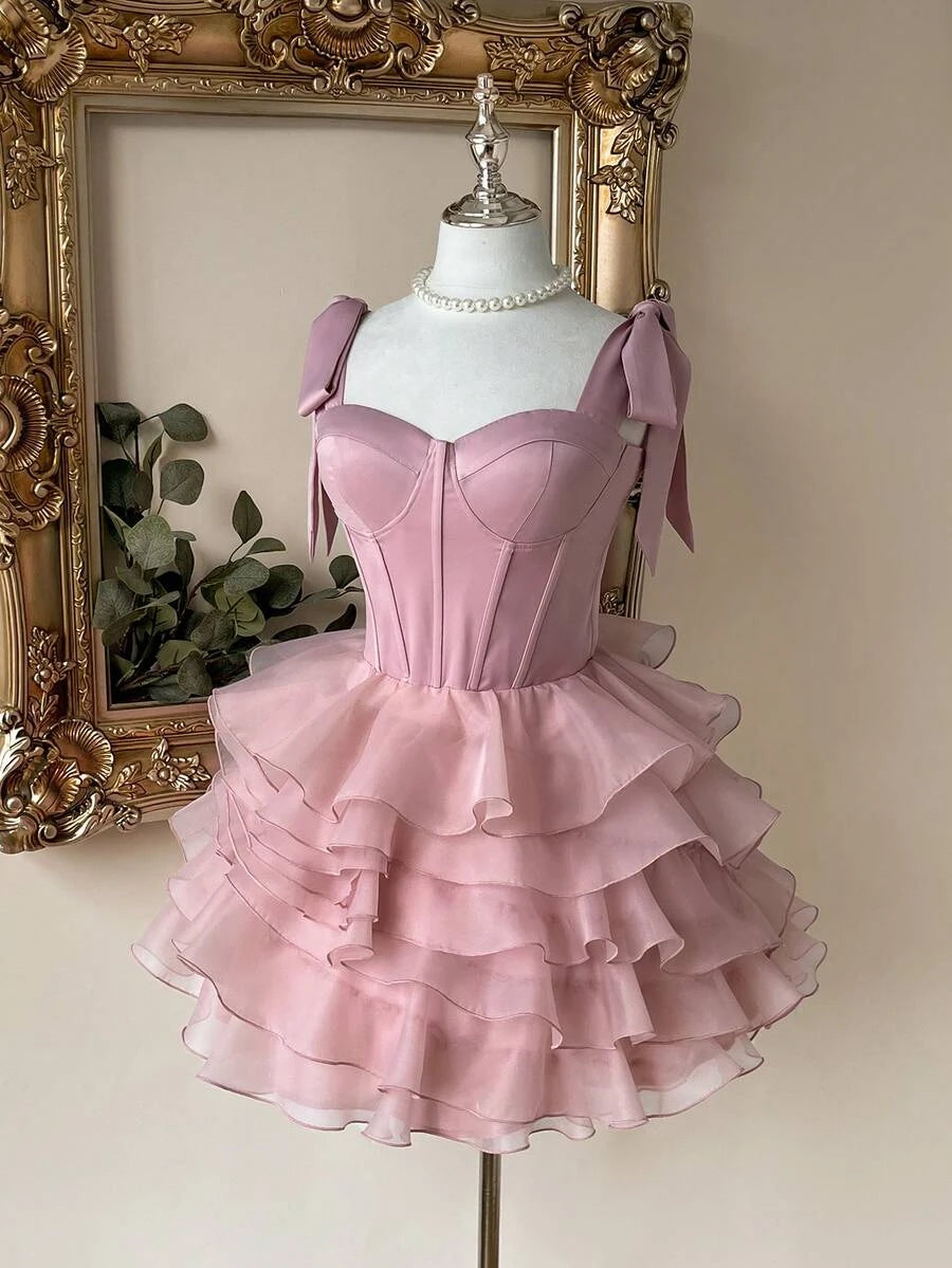 Lovely A-Line Sweetheart Corset Tiered Ruffled Satin Blush Pink Short Homecoming Dresses