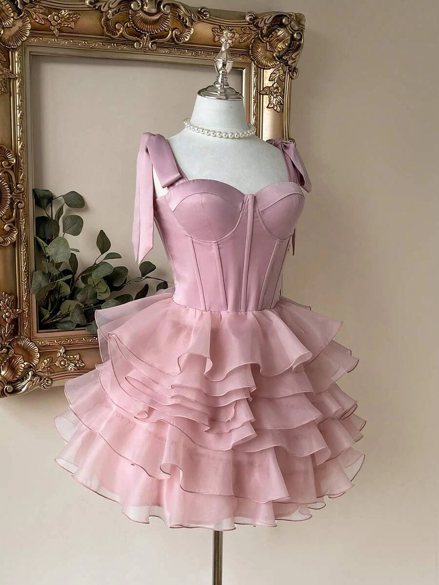 Lovely A-Line Sweetheart Corset Tiered Ruffled Satin Blush Pink Short Homecoming Dresses