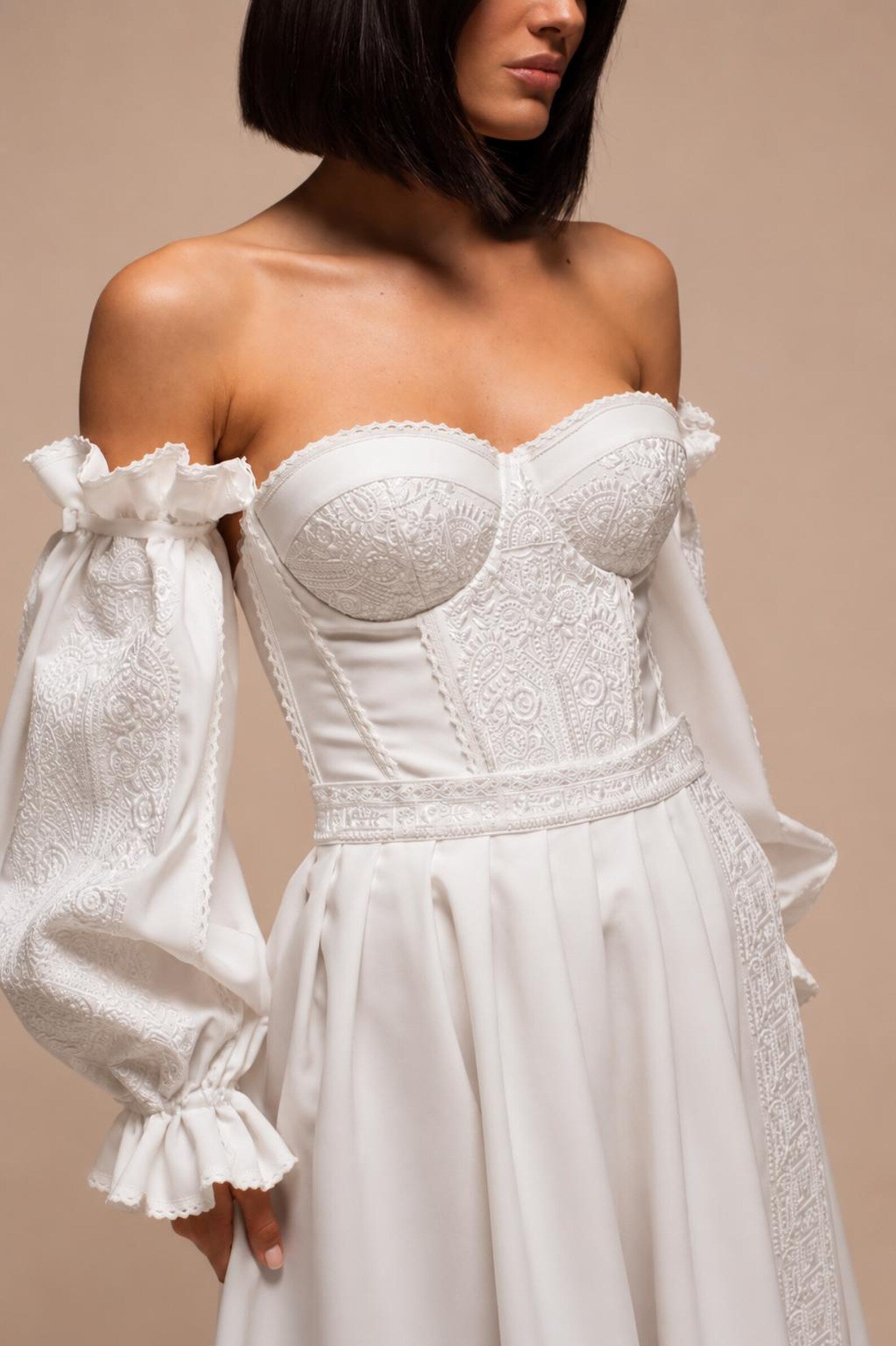 Lovely A-Line Sweetheart Puff Sleeves Corset Embroidered White Short Homecoming Dress