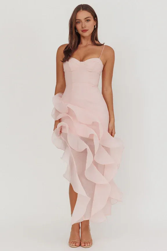 Lovely Spaghetti Straps Asymmetric Ruffle Trim Blue Maxi Homecoming Prom Dress