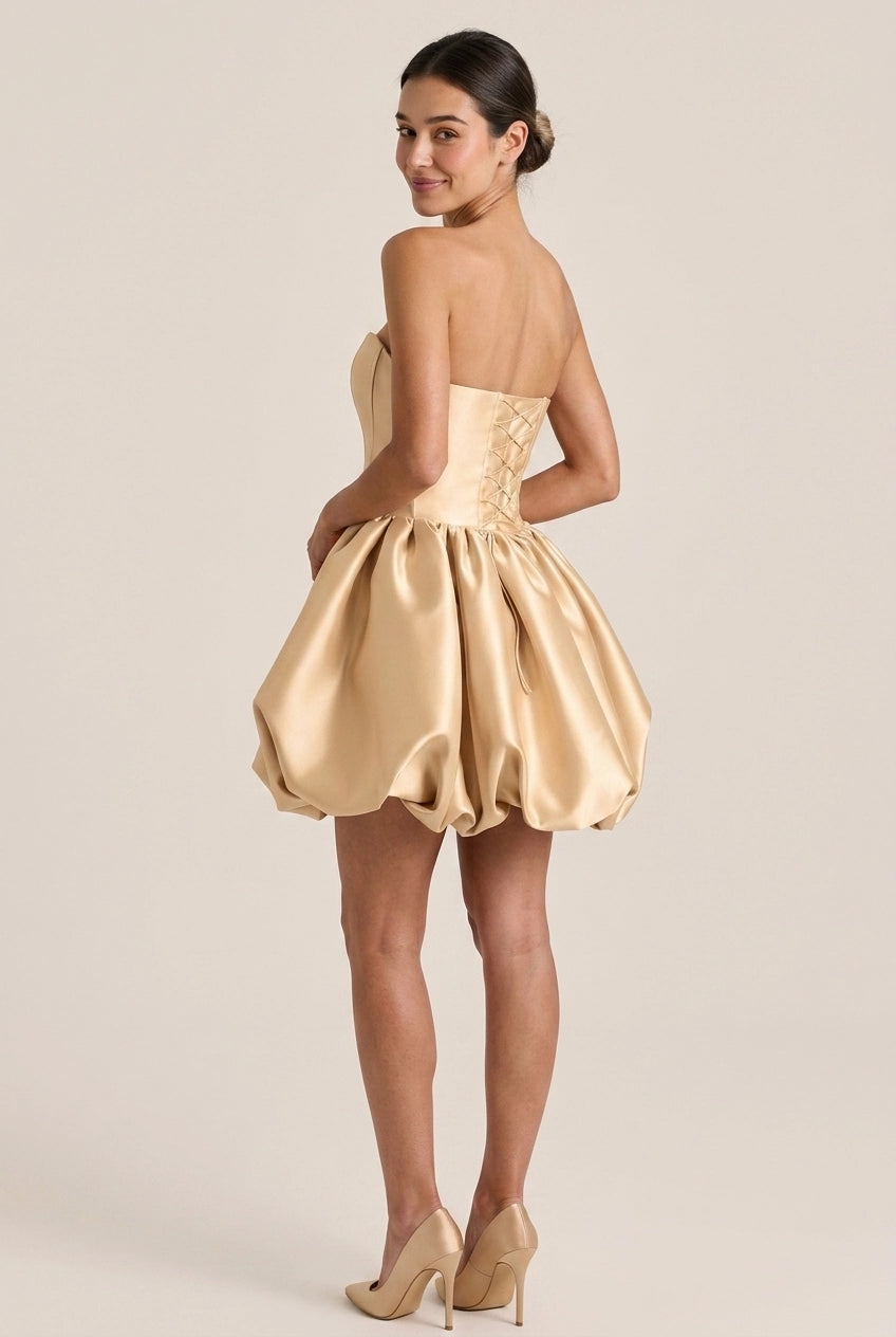 Lovely Strapless Corset Satin Champagne Mini Homecoming Dress With Bubble Hem