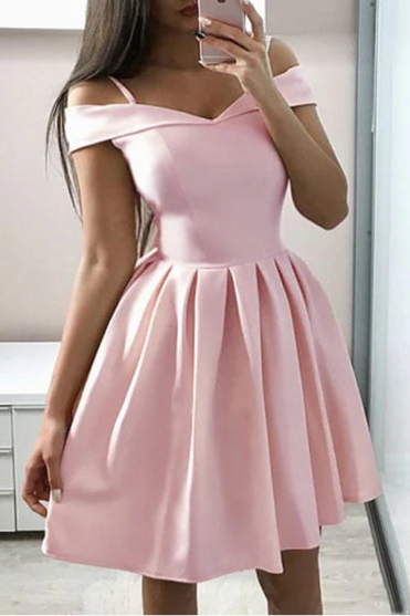 Lovely pink V Neck Spaghetti Straps Off Shoulder A Line Short Prom Dress Homecoming Dress