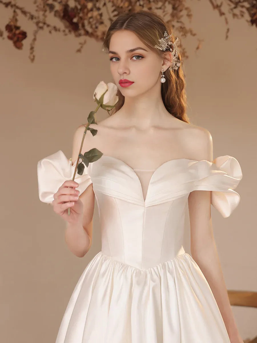 Low Cost A-Line Off Shoulder Pleated Satin White Floor Length Formal Prom Dress