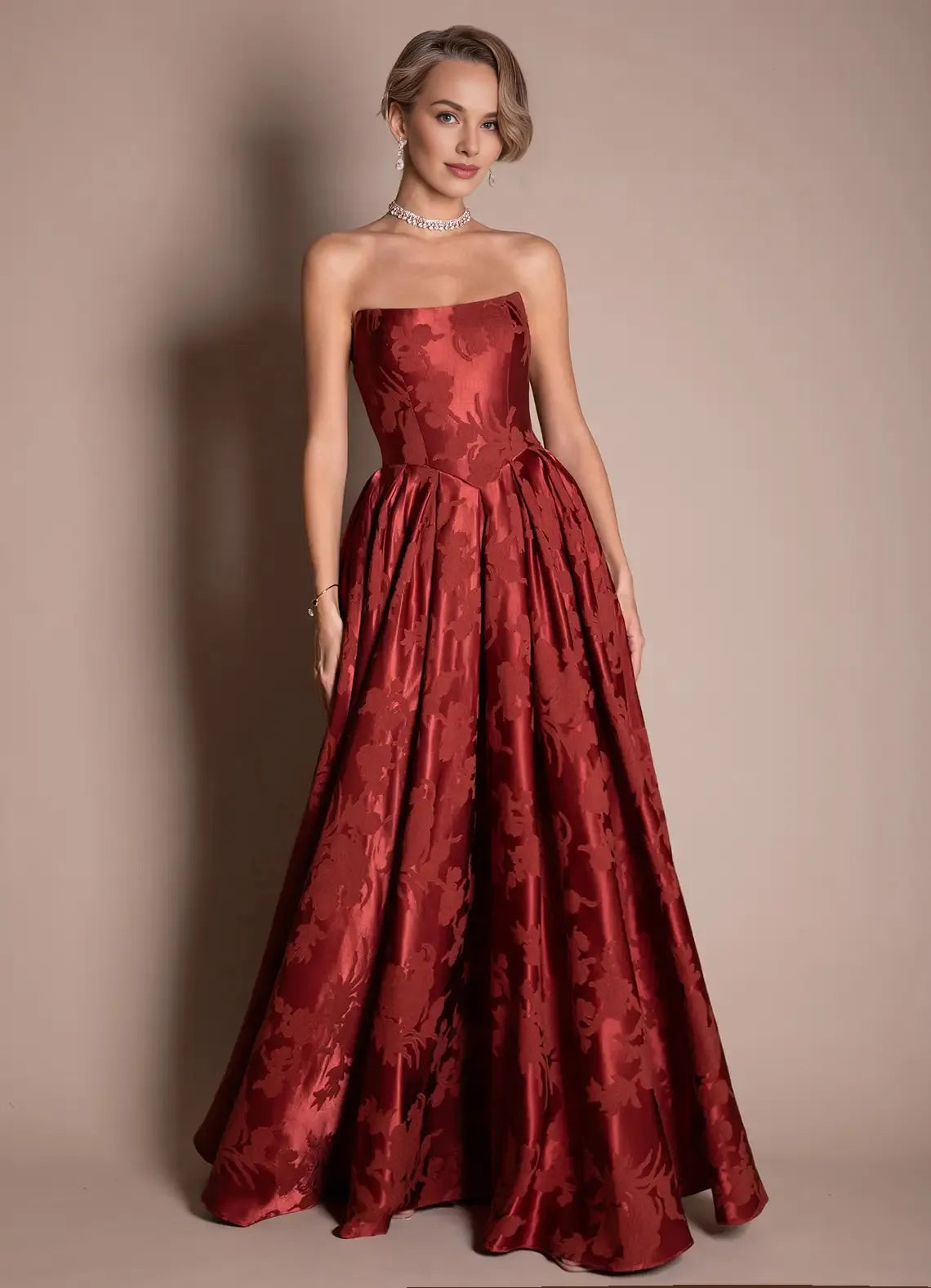 Luxurious A-line Strapless Jacquard Red Floor Length Evening Dress