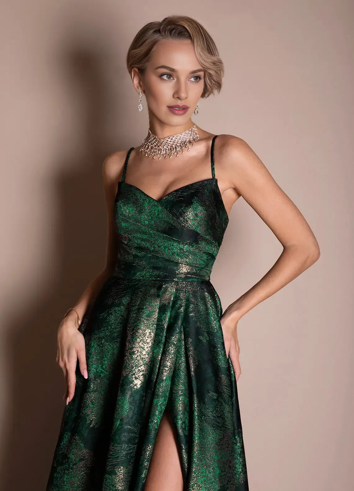 Luxurious A-line Strapless Pleated Brocade Emerald Floor Length Evening Dress