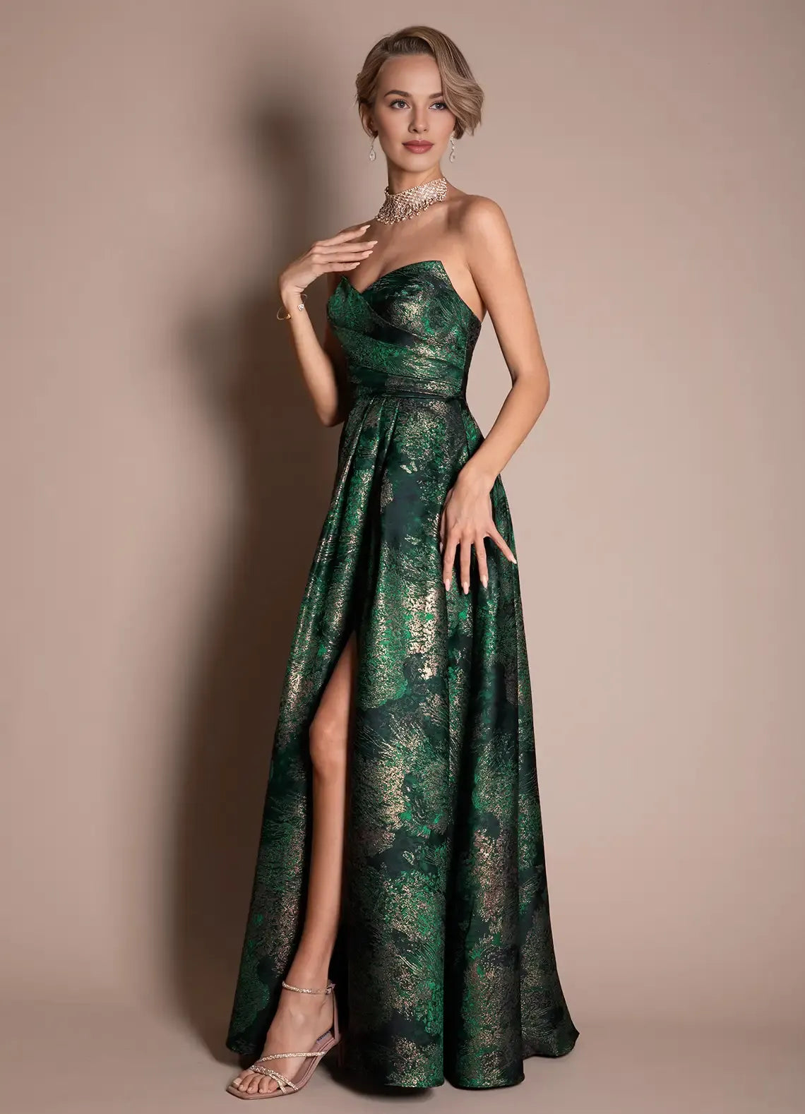 Luxurious A-line Strapless Pleated Brocade Emerald Floor Length Evening Dress