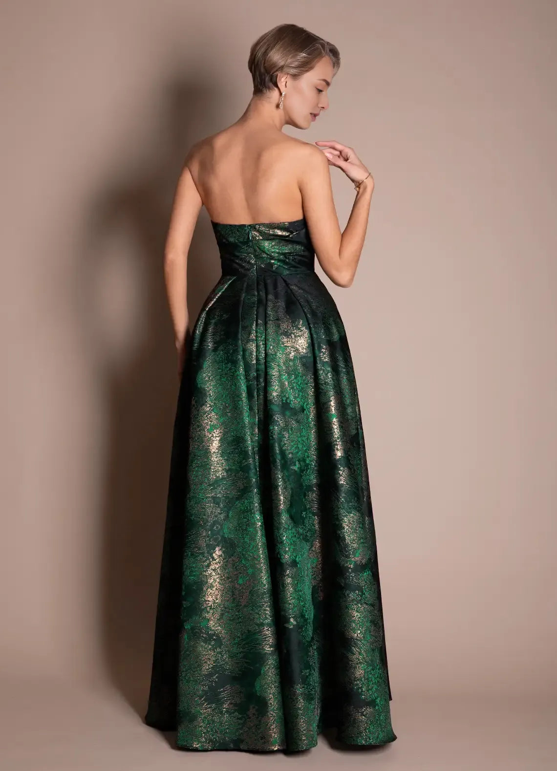 Luxurious A-line Strapless Pleated Brocade Emerald Floor Length Evening Dress