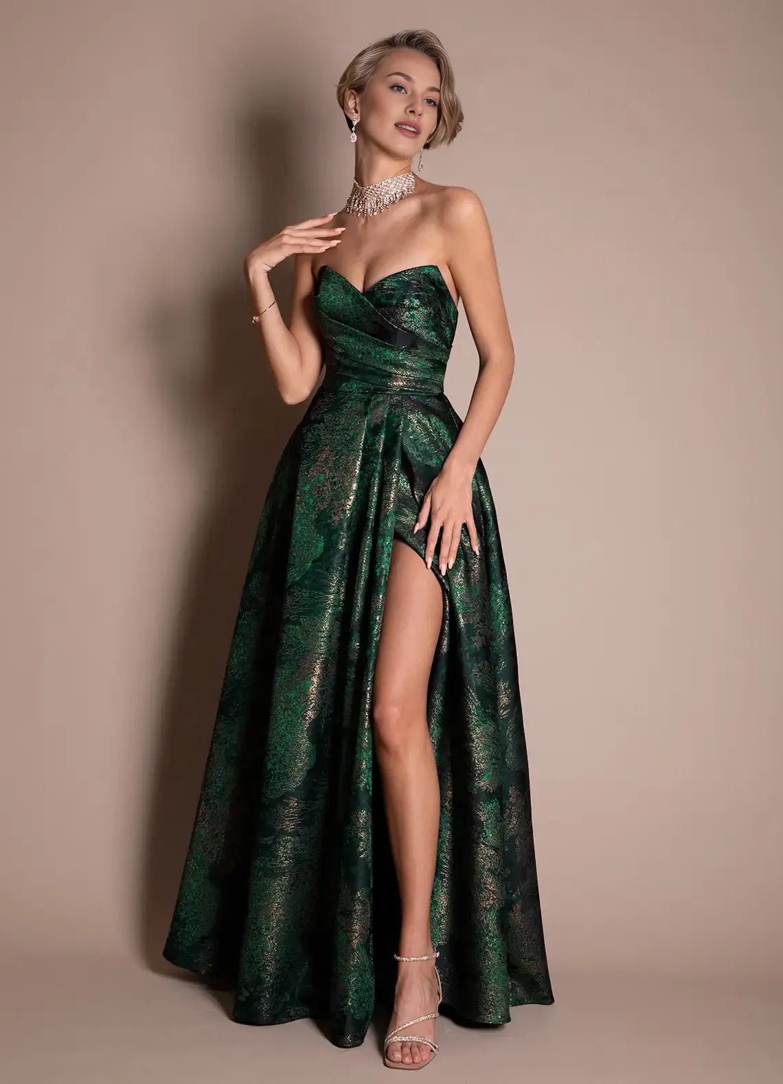Luxurious A-line Strapless Pleated Brocade Emerald Floor Length Evening Dress