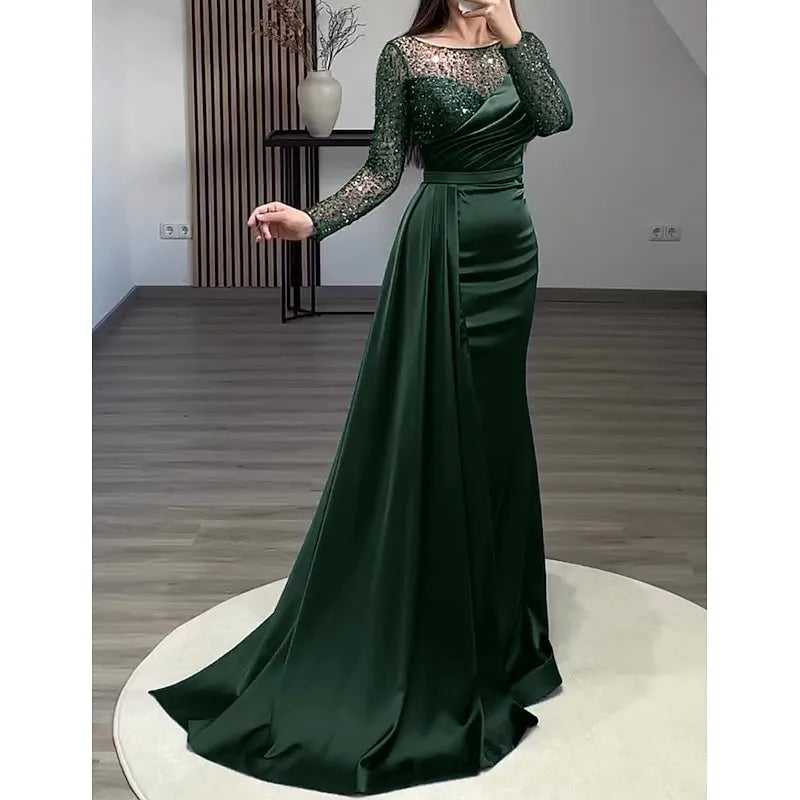 Luxurious Mermaid Bateau Neck Long-sleeved Sequin Navy Blue Maxi Prom Dress for Women Ready to Ship