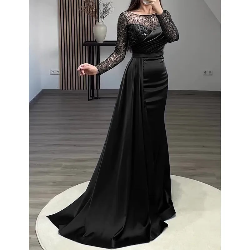 Luxurious Mermaid Bateau Neck Long-sleeved Sequin Navy Blue Maxi Prom Dress for Women Ready to Ship