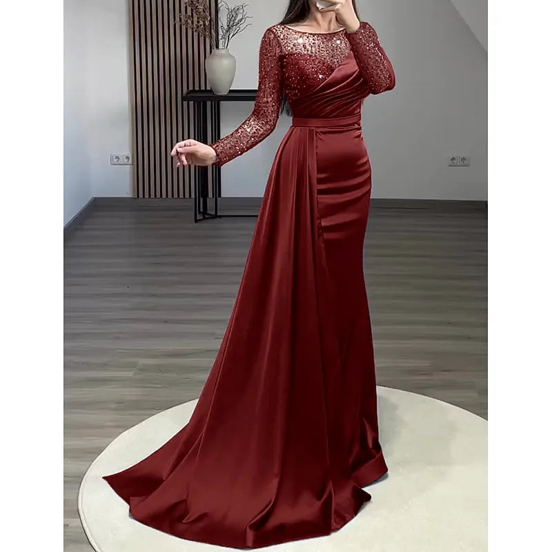 Luxurious Mermaid Bateau Neck Long-sleeved Sequin Navy Blue Maxi Prom Dress for Women Ready to Ship