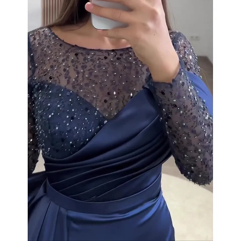 Luxurious Mermaid Bateau Neck Long-sleeved Sequin Navy Blue Maxi Prom Dress for Women Ready to Ship
