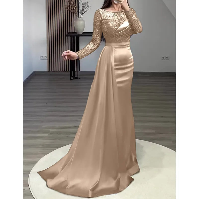 Luxurious Mermaid Bateau Neck Long-sleeved Sequin Navy Blue Maxi Prom Dress for Women Ready to Ship