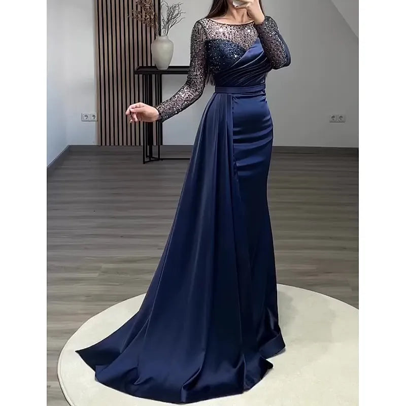 Luxurious Mermaid Bateau Neck Long-sleeved Sequin Navy Blue Maxi Prom Dress for Women Ready to Ship