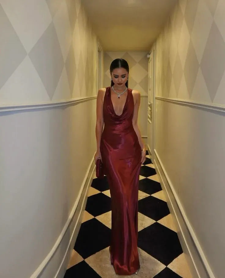 Luxurious Mermaid Cowl Neck Open-Back Satin Burgundy Floor-Length Prom Dress