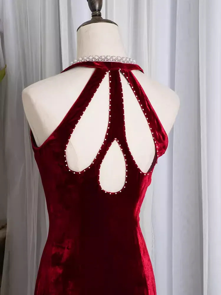 Luxurious Mermaid Halter Sleeveless Beaded Burgundy Floor-Length Evening Dress For Women Custom