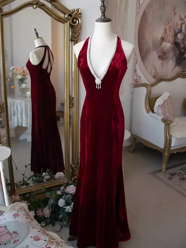 Luxurious Mermaid Halter Sleeveless Beaded Burgundy Floor-Length Evening Dress For Women Custom