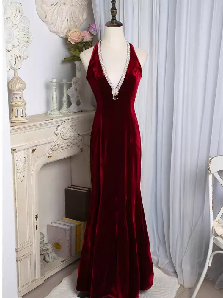 Luxurious Mermaid Halter Sleeveless Beaded Burgundy Floor-Length Evening Dress For Women Custom