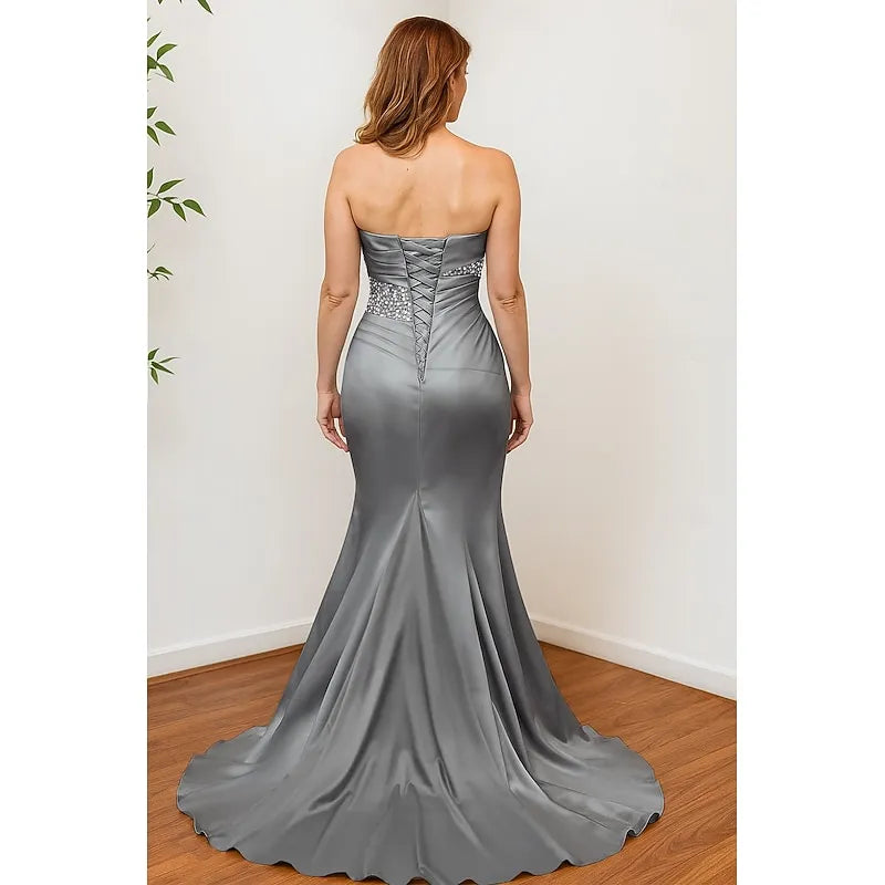 Luxurious Mermaid Strapless Sequins Ruched Grey Floor-Length Prom Dress For Women Ready To Ship