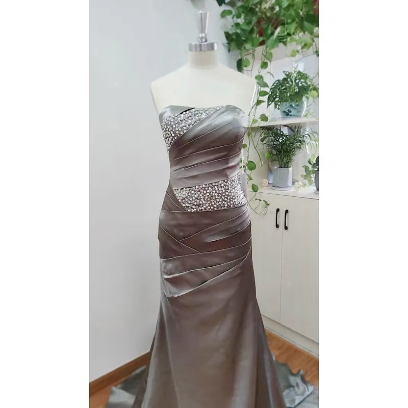 Luxurious Mermaid Strapless Sequins Ruched Grey Floor-Length Prom Dress For Women Ready To Ship