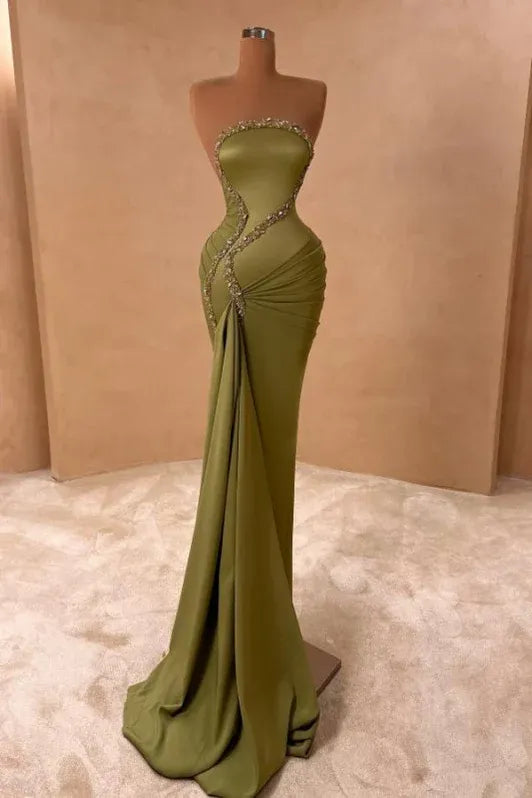 Luxurious Mermaid Strapless Sleeveless Beaded Olive Floor-length Evening Dress for Women Custom